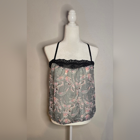 Free People Sheer Bubble Top Adj Straps & Paisley Design Medium Black White Red - Picture 1 of 10